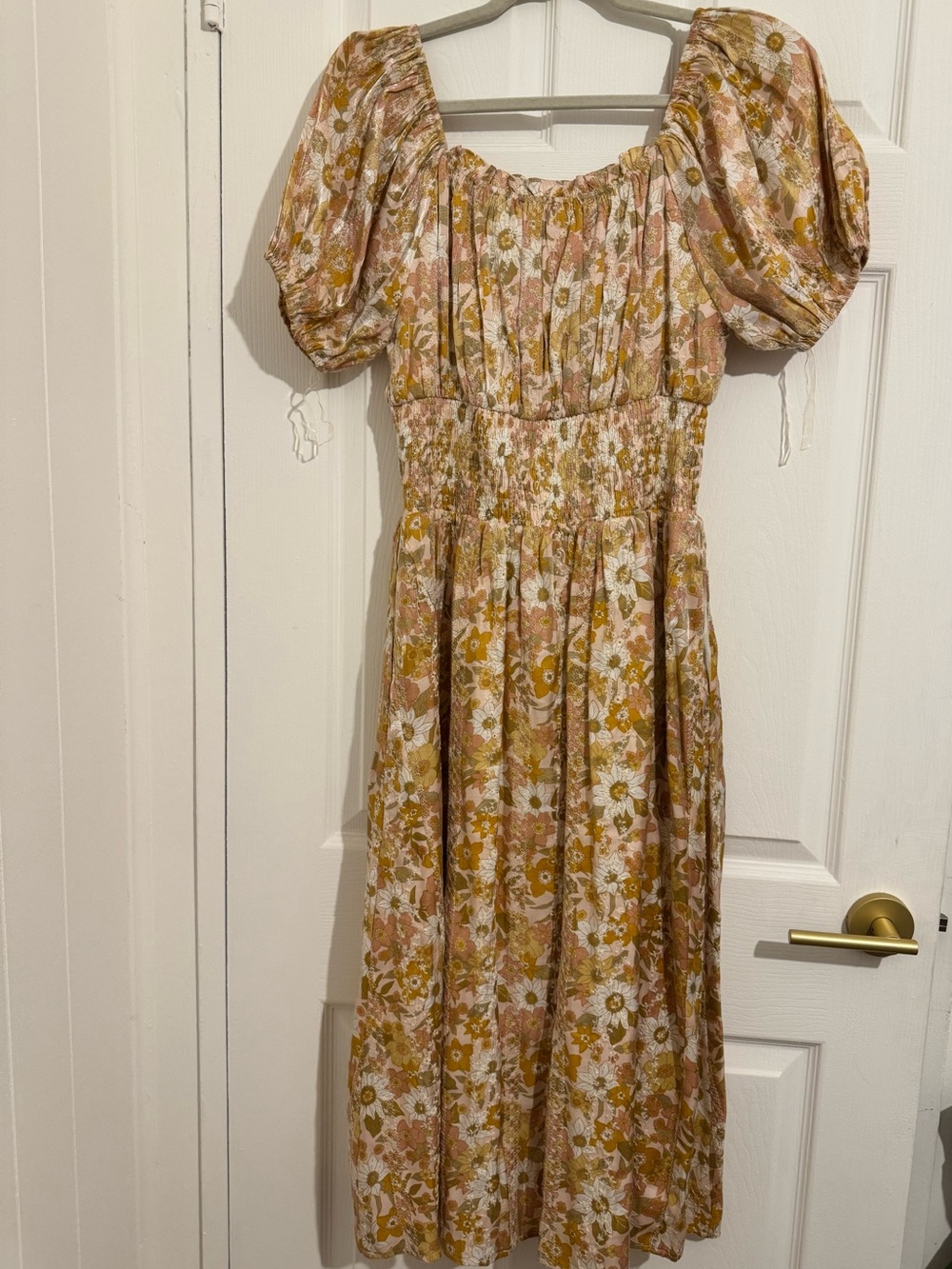 Roolee Cream and Yellow Floral Smocked Midi Dress with Puff Sleeves size Small - Picture 5 of 6
